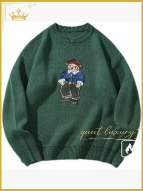 Teddy Bear Embroidered Fleece Lined Crewneck Sweater
